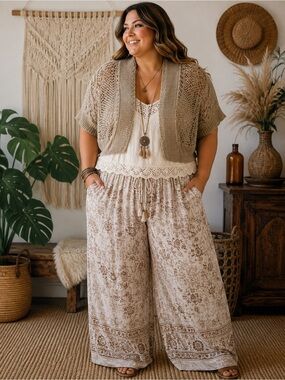 Crochet Shrug Boho Chic Beige Taupe Open Front Cardigan Cottage Core Plus size